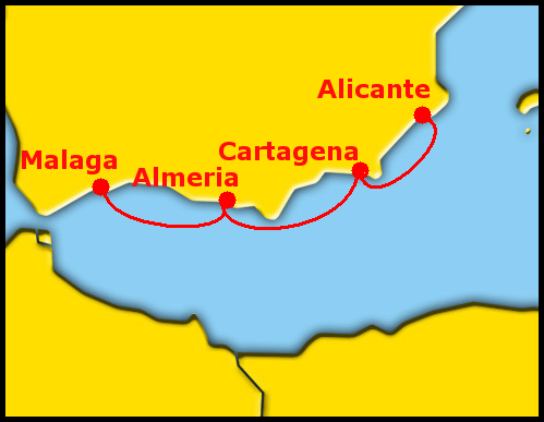 Planowana trasa rejsu Malaga - Alicante